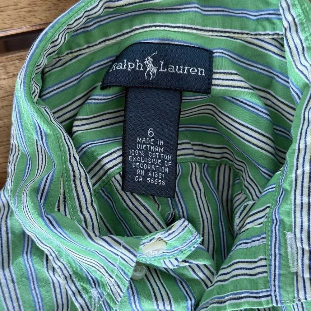 Ralph Lauren Shirt Boys Kids Size Striped Long Sleeve Green Size 6 Preppy Church